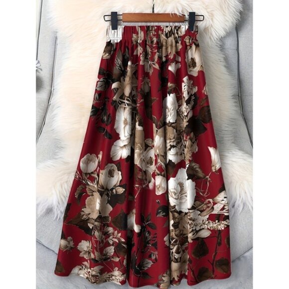 [Floral High Waist Skirt] High Waist Printed Pleated Floral Skirt - Women's Fash - Picture 1 of 5